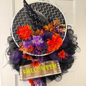 Large Decorative Halloween Witch Door Wreath Flowers and Blinged Hat and Feet